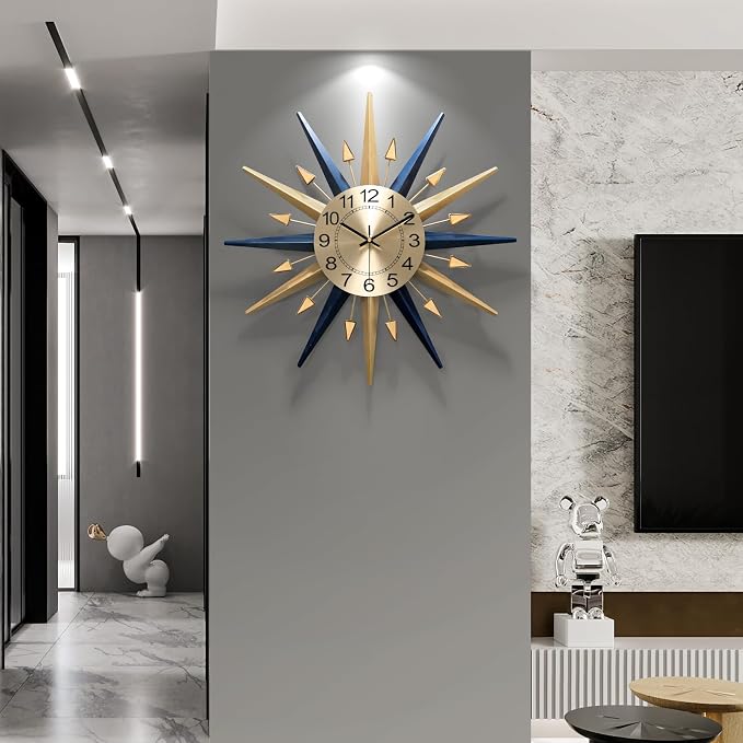 Starburst Large Wall Clock,Mid Century Decorative Wall Clock Modern Silent Clock Battery Operated for Living Room/Kitchen/Entryway/Bedroom/Office/Dinning Room Metal Wall Decor