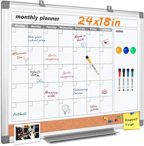 MAKELLO Dry Erase Calendar - 24" x 18" Wall Whiteboard with Cork Board for Home, Office & School
