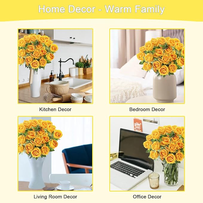 12Pcs Yellow Roses Artificial Flowers Fake Roses Faux Velvet Silk Flower for Home Wedding Decoration (Pearl Rose, Yellow)