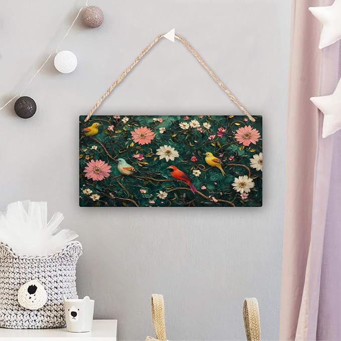 Retro Birds & Floral Scene Wooden Sign 12x6 Inch – Nostalgic Decors for Vintage Fans, Transform Gallery Wall & Great for Eclectic Interiors