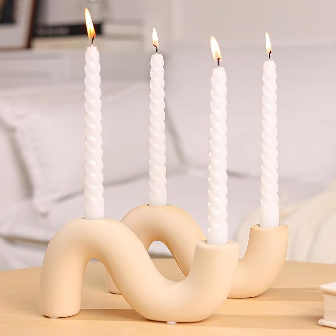 2-Pack White Ceramic Candle Holder Set, Modern Taper Candlestick for Table Living Room Wedding – Includes 4 LED Candles