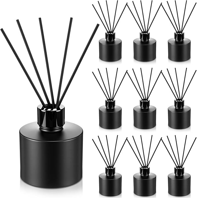 Chunful 10 Sets Black Reed Diffuser Bottle Empty Refillable Fragrance Glass Diffuser Bottles 100ml Round Glass Jars with Black Caps & Rattan Sticks for Living Room Home Replacement Fragrance DIY