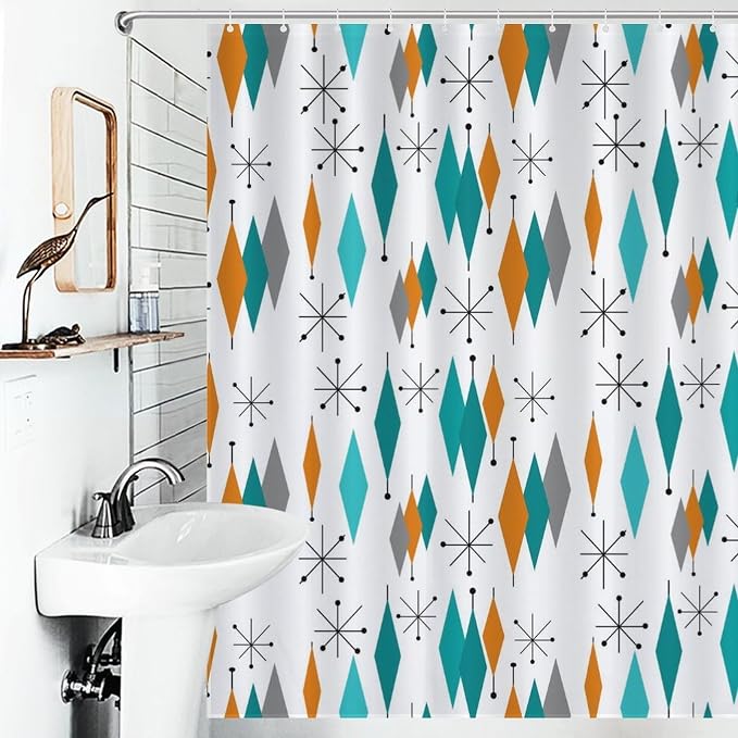 Mid Century Modern Shower Curtain,Abstract Atomic Starburst Geometric Diamond Pattern Shower Curtains Set for Bathroom Fabric Decorative Bath Curtain Washable Curtain Hooks, 72x72”