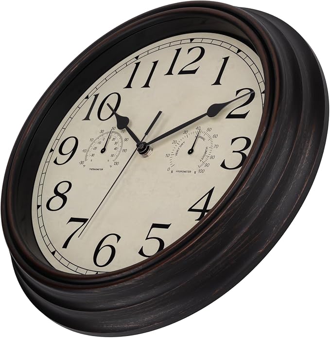 Foxtop Indoor Outdoor Waterproof Wall Clock with Thermometer and Hygrometer Combo, 14 Inch Retro Silent Non-Ticking Battery Operated Quartz Round Outdoor Clocks for Patio Home Office (Bronze)