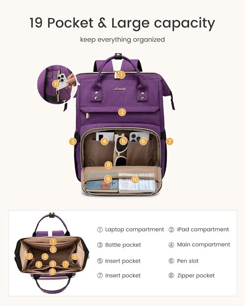 LOVEVOOK Laptop Backpack - Waterproof Travel Purse with Tumbler Holder | 18-Inch Rose Purple Design