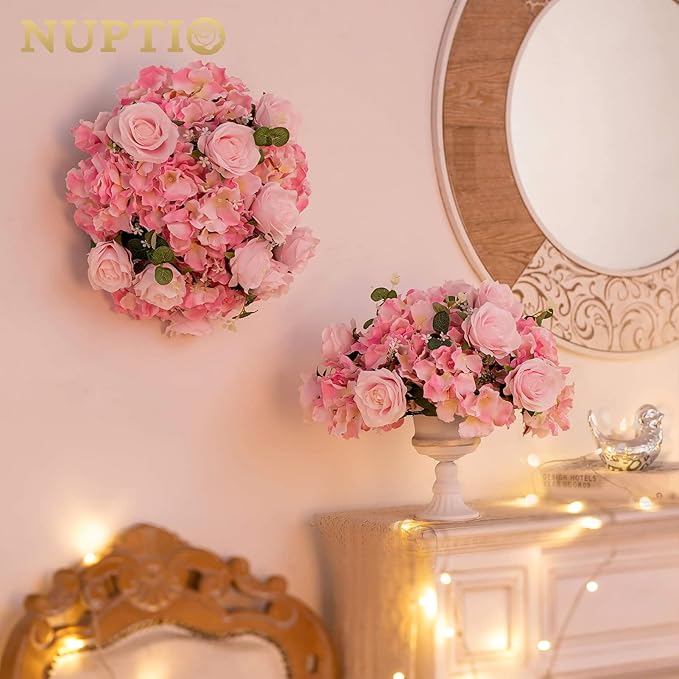 NUPTIO Flower Ball Arrangement Bouquet - 10 Pcs 14.2 inch Diameter Pink Fake Flowers Roses Balls for Centerpieces Tables - Artificial Rose Arrangements for Wedding Centerpiece Table Decorations