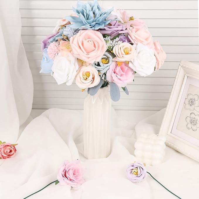 Artificial Flowers Combo Box Dusty Blue Pink Artificial Flowers for DIY Tables Centerpieces Baby Shower Bridal Shower Wedding Bouquet Party Decor