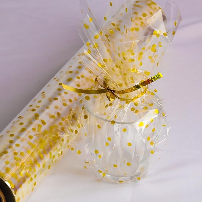 CMFYHM Clear Cellophane Wrap Roll(34" x 120’Ft) 3Mil Gold Polka Dot Cellophane, Cellophane Gift Wrap Roll, Cellophane Wrap for Gifts, Baskets, Flowers, Party Decorations