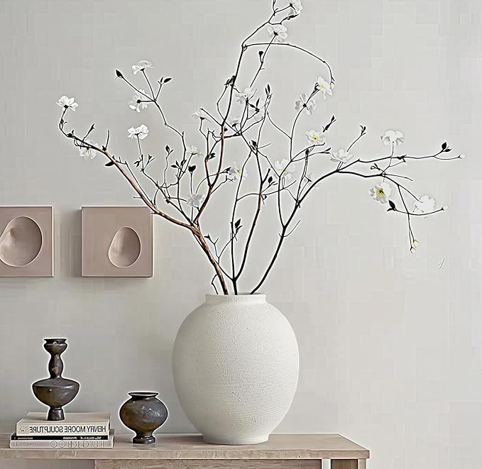 Large White Ceramic Vase, 9.8 inch Round Minimalist Textured Vase, Rustic Farmhouse Decor for Home, Living Room, Shelf, Table, Wedding & Entryway Decoration (Sandstone White)