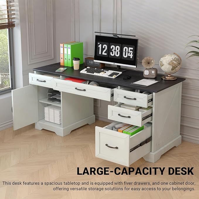 Executive Desk, Farmhouse Home Office Desk with Drawers and Storage Cabinet, Wood Computer Desk for Work and Study, Antique White (Style one)