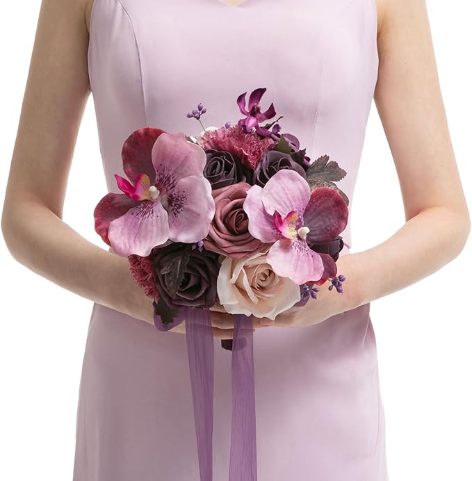 Ling's moment Bridesmaid Bouquet, Plum & Plum Lily Wedding Bouquets for Bridesmaids, Purple 7 Inch Bridal Bouquets for Bridesmaids, Wedding, Ceremony, Anniversary, etc.