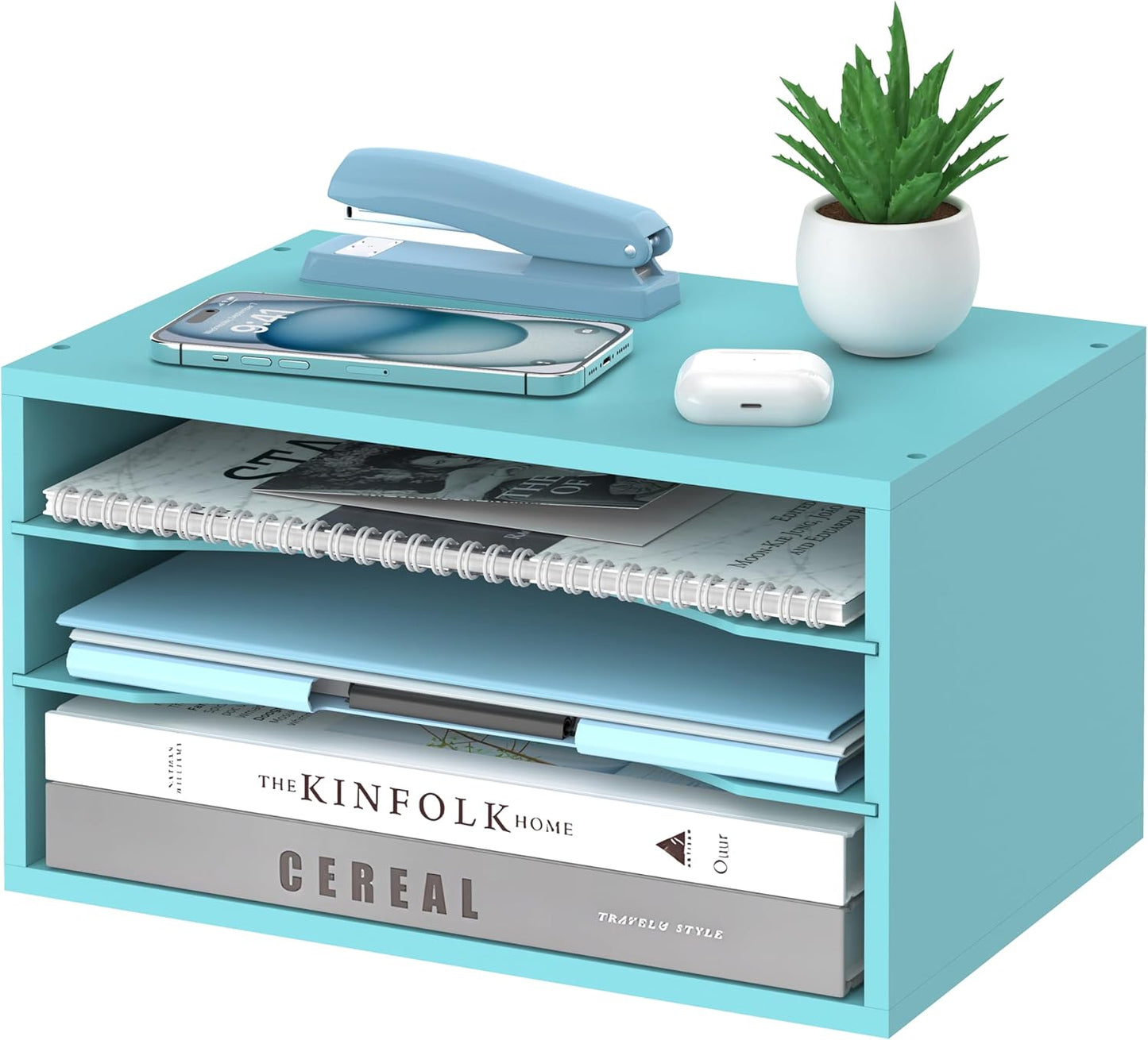Skiennix Wood Desk Organizer - 3-Tier Adjustable Paper Tray for Office & Home | Blue