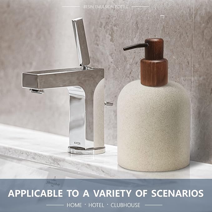 250ml Japanese Style Resin Soap Dispenser Bathroom, Easy to Fill Washing Up for Kitchen Sink, Refillable Shampoo and Conditioner Bottles with Wooden Pump