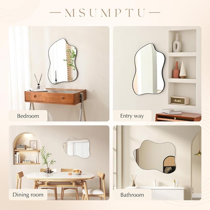Irregular Wall Mirror Black Wave Shaped Metal Framed Wall Mirror for Bathroom Bedroom Entryway Living Room Wall Decor 28" L x 20" W 2304B