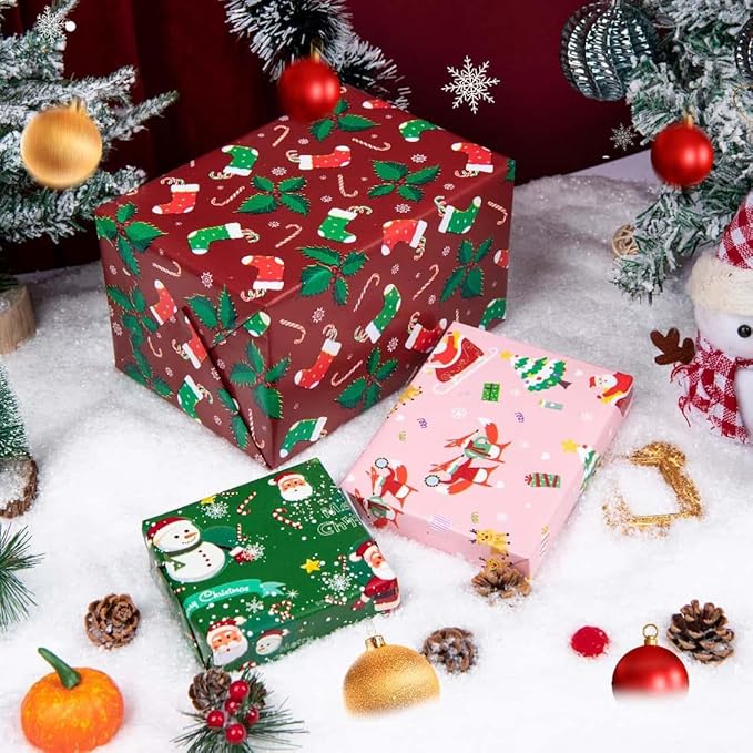 Christmas Wrapping Paper Roll-Pink/Red/Green Wrapping Paper- 3 Large Roll - 27 Inch X 6.5 Feet each roll Design for Holiday, Party, Celebration (Christmas Pink/Red/Green（007）)