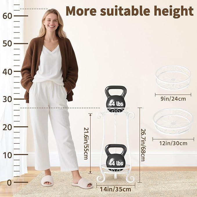 LASZOLA 2 Tier White Metal Plant Stand for Multiple Large Planters Indoor Outdoor Organizer, Heavy Duty Tall Flower Stand for Corner Patio Bathroom Office, Modern Sturdy Vertical Iron Rack, Cat Proof