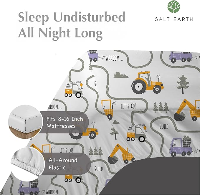 Salt Earth 100% Cotton 210TC Kids Bedsheet, Twin Sheets Set for Toddler Bed, 3 Piece Bedding Set Including Flat Sheet, Fitted Sheet, and Pillowcase, Themed Cute Sheets, Playful Kids Bed (Tractor)