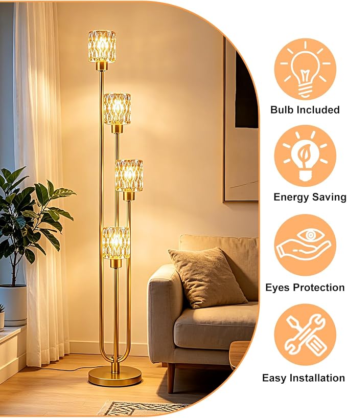Lightdot 4-Lights Glass Floor Lamp Dimmable Gold Floor Lamps with Amber Rippled Glass Shade& Bulbs Included Unique Modern Standing Tall Lamp with 5Lbs Heavy Base for Living Room/Bedroom/Sofa Beside