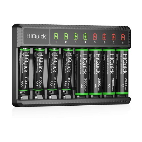 HiQuick 8-Bay Smart Charger - Fast Charging with 4 x 2800mAh AA & 4 x 1100mAh AAA Rechargeable Batteries