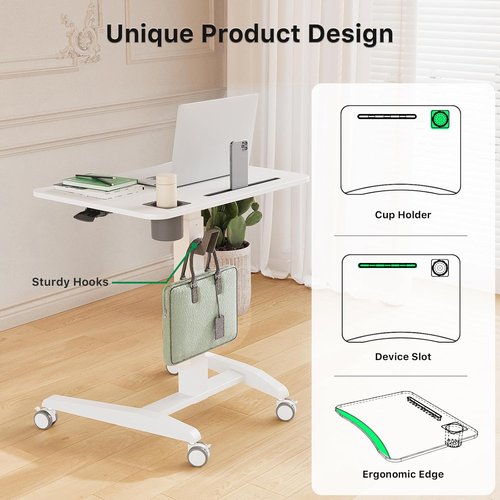 Gibbon Mounts Mobile Standing Desk - Height Adjustable Rolling Laptop Desk | 27" Portable Sit-Stand with Wheels & Hook