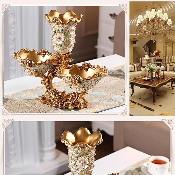 Elegant Large Flower Vases with 2 Tiered Fruit Bowl for Kitchen Counter, Resin Fruit Basket Plate for Snack, Candy Storage(White & Gold)