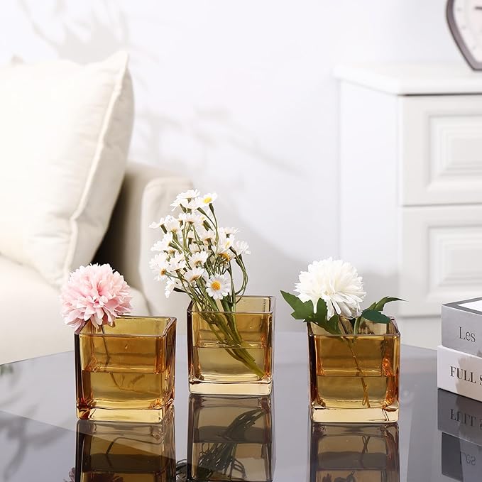 MARTAGE Square Flower Vases Set of 9, 3"x 3"x 3" Glass Vases for Centerpieces, Amber Vase for Flowers, Small Vase for Wedding, Party, Home Office Decoration