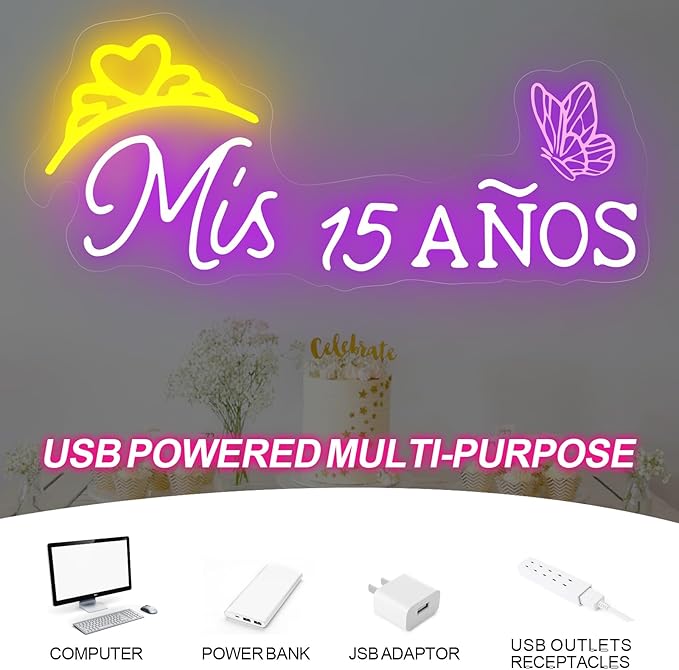 Mis 15 Anos Neon Sign, Sweet 15 Quince Party Sign with Dimmer Switch, Birthday Party Decor, Quinceanera Party Sign, Preppy Room Decor,Birthday Party Home Decorations, Mitzvah Gift-Purple
