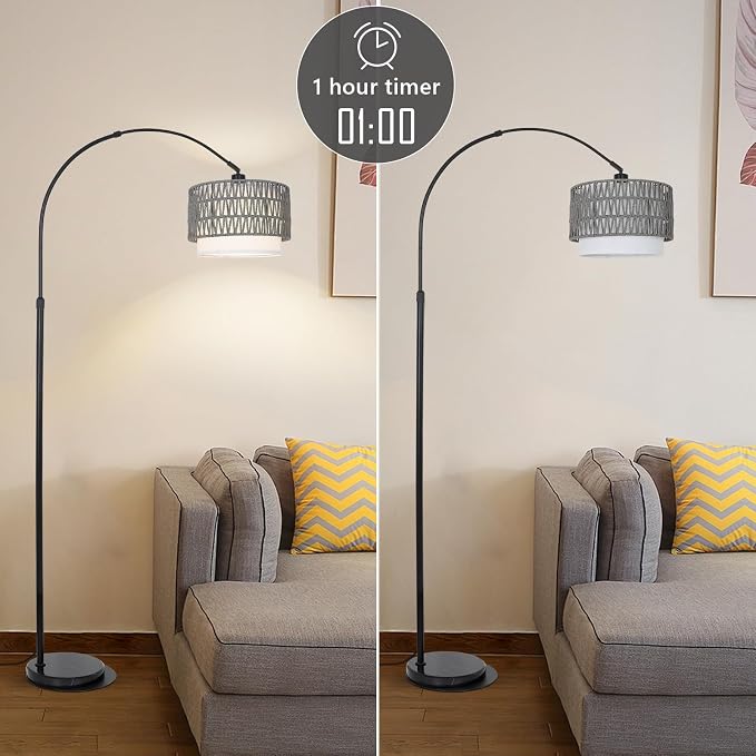 Boho Floor Lamps for Living Room, Arc Floor Lamp for bedroom with Remote and Dimmable Bulb, Over Couch Standing Lamp, Farmhouse Tall Lamp with 3 Color Temperatures, Height Adjustable Corner Floor Lamp
