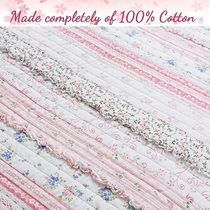 Cozy Line Home Fashions Pink Flower Lace Ruffle Stripe Shabby Chic Girl 100% Cotton Reversible Quilt Bedding Set, Coverlet, Bedspread (Pink Lace, Twin - 2 Piece: 1 Quilt + 1 Sham)