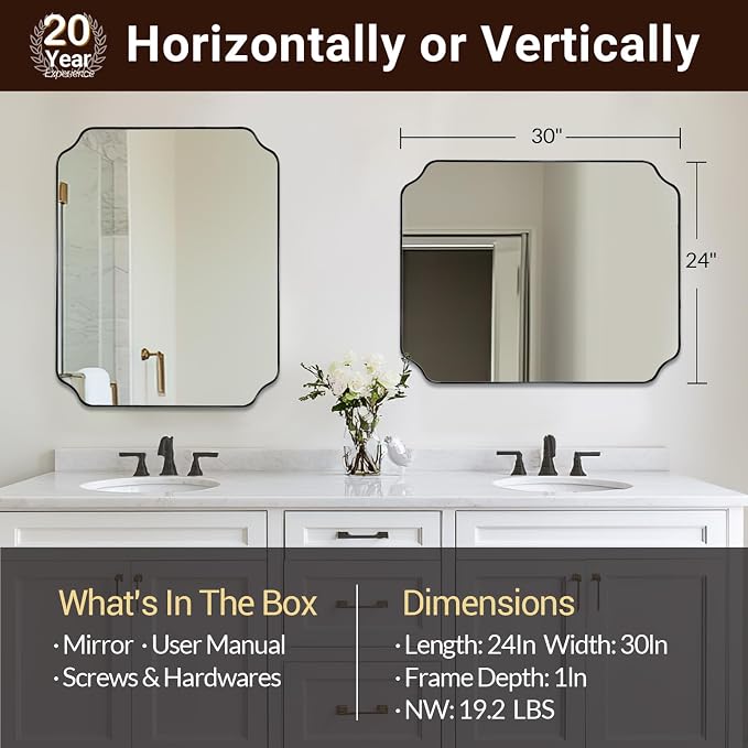 ANDY STAR 24"x30" Bathroom Mirror, Matte Black Framed Wall Mirror, Modern Scalloped Rectangle Mirror in Premium Stainless Steel Thin Frame, Rounded Notched Corners Design, Ideal for Home Remodel