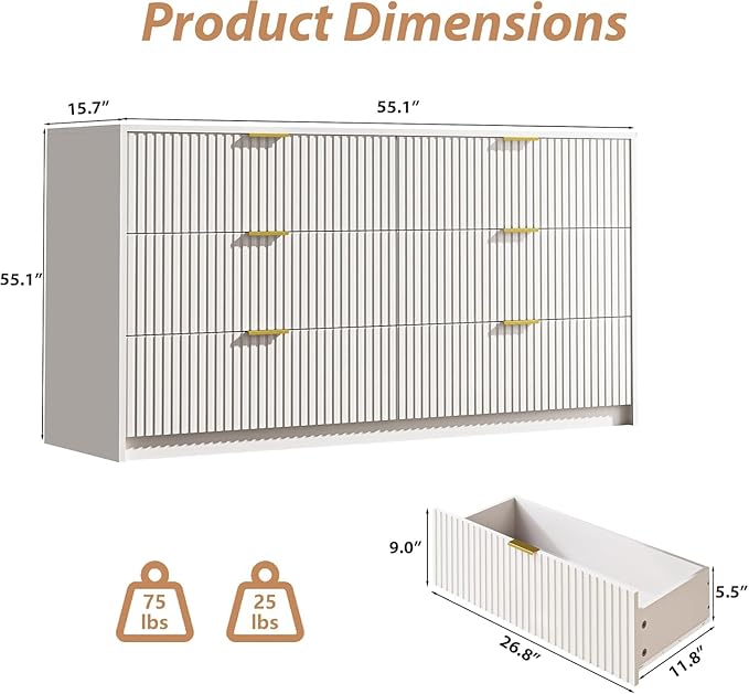 3-Piece Dresser Bedroom Set, 6 Drawer Dresser & 3 Drawer Nightstands with Gold Handles, Fluted Wood Chest of Drawers for Bedroom, Living Room, Entryway, White