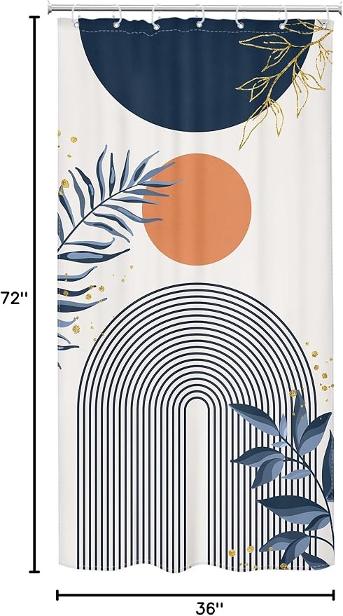 Small Stall Boho Shower Curtain 36Wx72H Navy Blue Modern Bohemian Mid Century Gold Leaves Orange Minimalist Geometric Bathroom Decor Half Narrow Bath Curtain Fabric Polyester 7 Pack Hooks