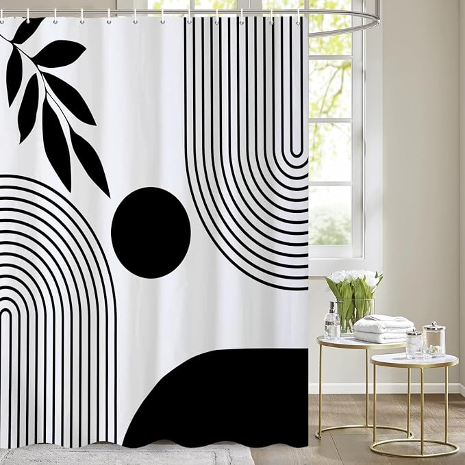 Long Boho Shower Curtain Mid Century Modern Shower Curtains for Bathroom Black and White Geometric Minimalist Abstract Bohemian Waterproof Fabric Bathroom Shower Curtain Set 72x78 Inch