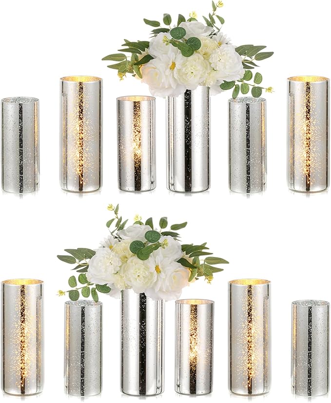 Glass Cylinder Vases Set of 12, Hewory Glittery Silver Vase for Centerpieces, Glass Hurricane Candle Holders for Pillar Floating Candle, Round Tall Vase for Wedding Anniversary Events Home Table Decor
