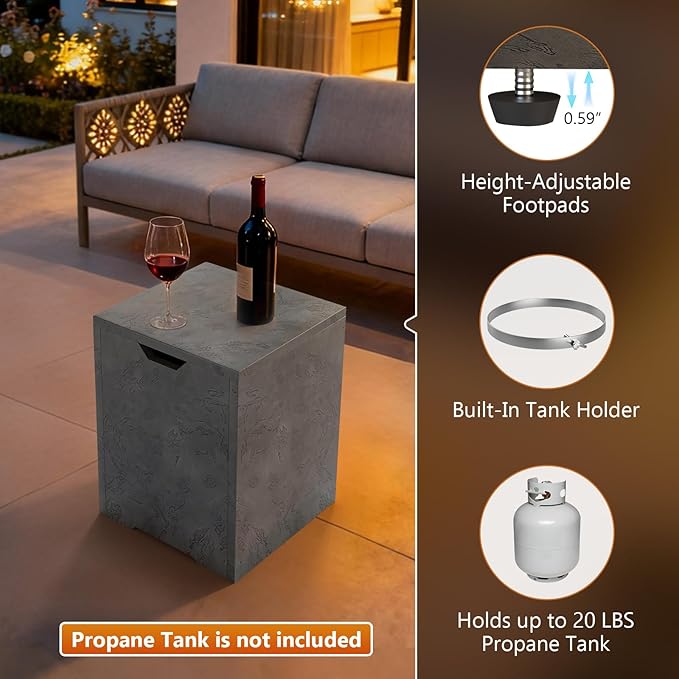 2-Piece 42" Rectangular Propane Fire Pit for Outside Patio with Hidden Tank Table, 50,000 BTU Fireplaces with Glass Wind Guard, Lid, Glass Rocks, Cover(Grey Rock Veins)