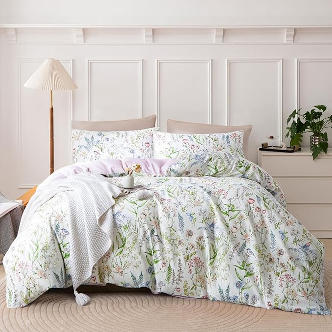 EAVD Vintage Garden Style Botanical Floral Duvet Cover Full White Soft 100% Cotton Chic Floral Cute Bird Print Bedding Set with 2 Pillowcases Fresh Botanical Duvet Cover with Zipper Closure