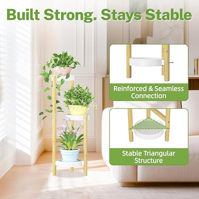 iDavosic.ly 3 Tier Bamboo Plant Stand Indoor Outdoor with Plastic Tray, Tiered Corner Flower Holder Shelf, Space Saving Orchid Display Rack for Patio Porch Living Room Garden Balcony, Natural White