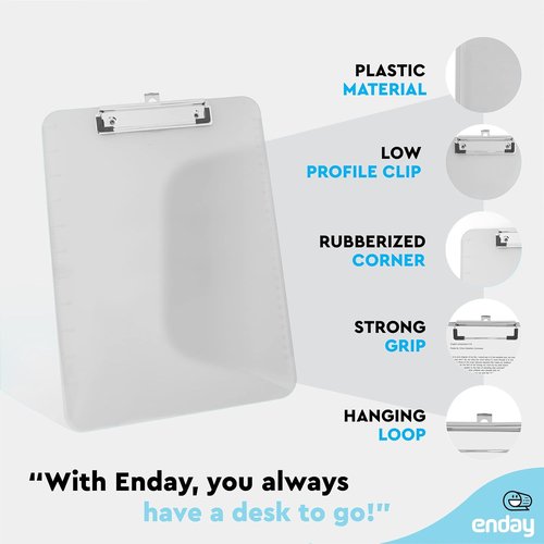 Enday Plastic Clipboard - Standard Size Grey Translucent Clip Board | Hangable, Holds 100 Sheets, 12.7” x 9”