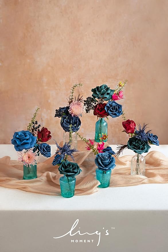 Ling's moment Fake Flowers Box, Foam Roses Artificial Fern Berry Faux Greenery Stems for Wedding Bouquets Centerpieces Table Decorations Floral Arrangement, Navy Blue & Pink, Deluxe Combo