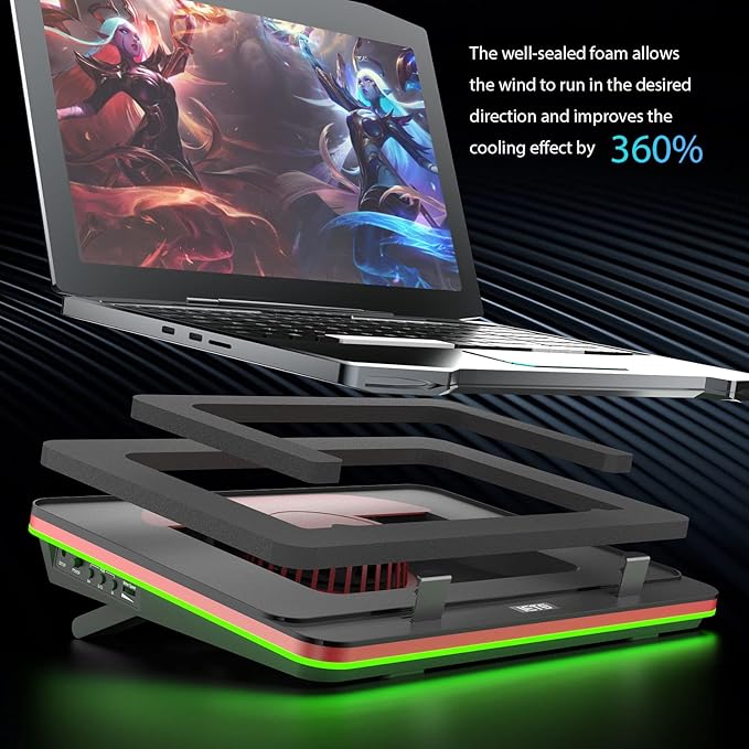 IETS GT500 Powerful Turbo-Fan (5000 RPM) RGB Laptop Cooling Pad with Infinitely Variable Speed,Seal Foam for Rapid Cooling Gaming Laptop,Dust Filter for Protect Laptop,13-17.3inch Laptop Cooler
