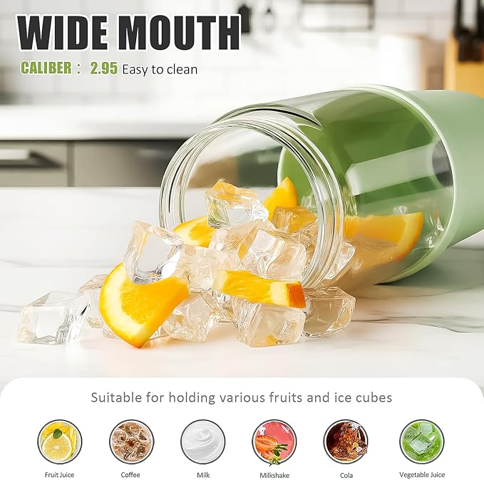 Glass Tumbler with Carry Handle, Clear Glass Water Bottle with Leakproof Lid, Spout Lid&Straw, BPA-Free, 32 oz, Light Green