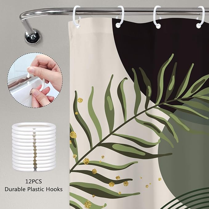 Dark Green Boho Shower Curtain 60Wx72H Teal Green Modern Bohemian Mid Century Abstract Gold Leaves Plant Bathroom Decor Minimalist Geometric Neutral Bath Curtain Fabric Polyester 12 Pack Hooks