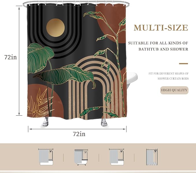 Glawry Brown Abstract Mid Century Shower Curtain Boho Retro Tropical Palm Tree Leaves Sun Arch Modern Bathroom Aesthetic Geometric 72Wx72L Inches Bath Accessories Art Home Decor Fabric 12 Pack Hooks