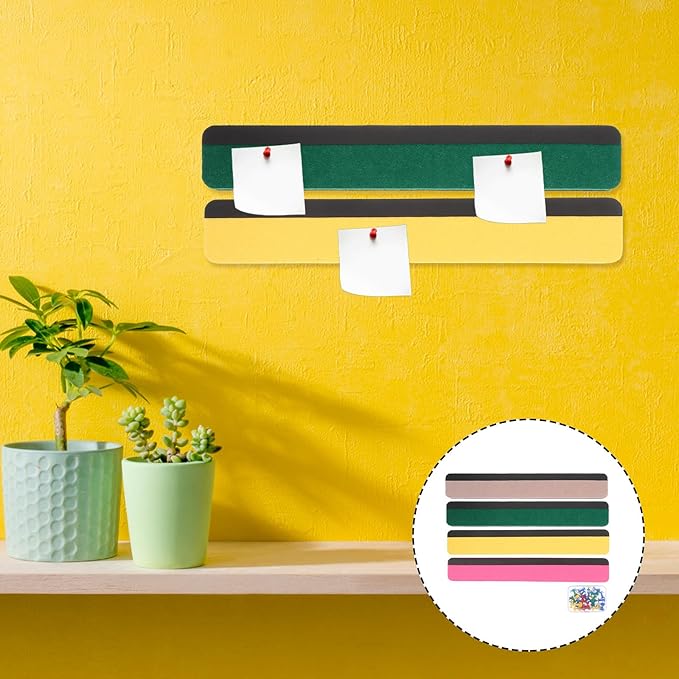 Magnetic Felt Bulletin Board Strip Set 4 Colors Yellow Pink Green Gray Pin Memo Wall Board for Office Classroom Home Organization