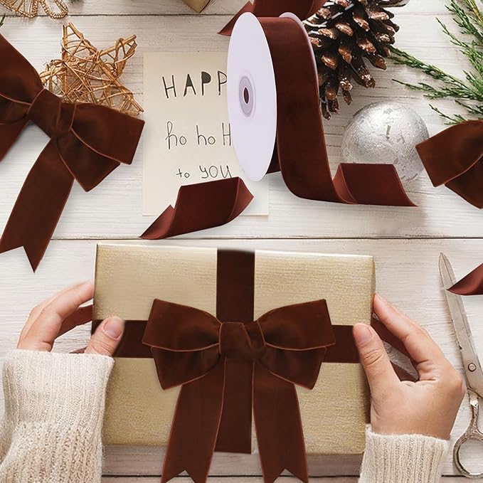 10 Yards Brown Velvet Ribbon 1 1/2 Inch for Christmas Tree,Dark Brown Velvet Christmas Ribbon for Gift Wrapping Crafts Bow Wreath Holiday Decorations (Dark Brown)