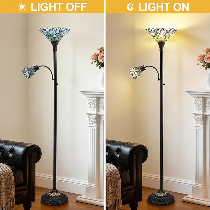 Luvkczc Tiffany Floor Lamp, Stained Glass Lamp Victorian Style with Adjustable Gooseneck Reading Lamp – 70" Tall Torchiere Floor Lamps for Living Room
