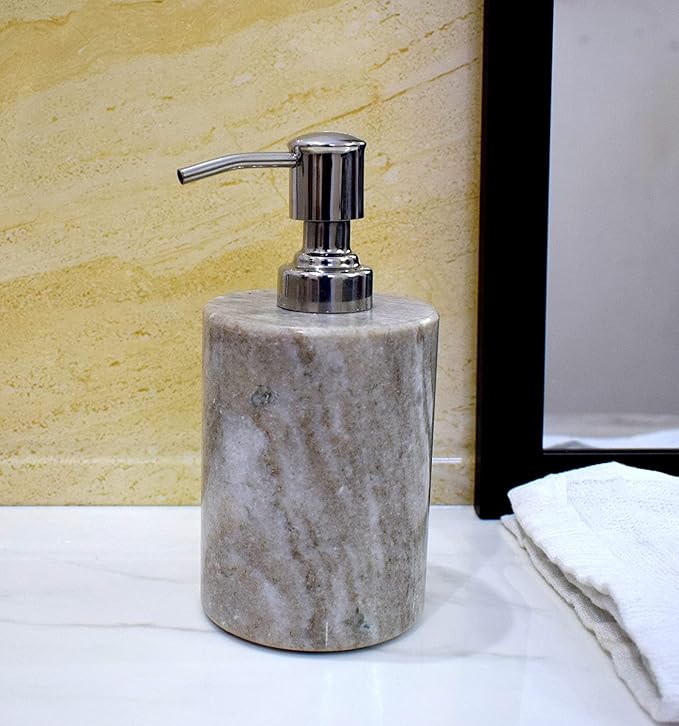 Stone Made Natural Stone Liquid Soap Dispenser by Wigano.Stone Soap Dispenser with Chrome Polish Pump Ideal for Room Bathroom, Luxury Hotel Bathroom (Brown)