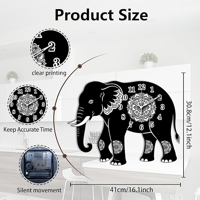 Elephant Wall Clock Irregular Shape Decorative Wall Clock Mandala Pattern Non-Ticking Clock for Home Office Decoration, 16.14×12.12 inch