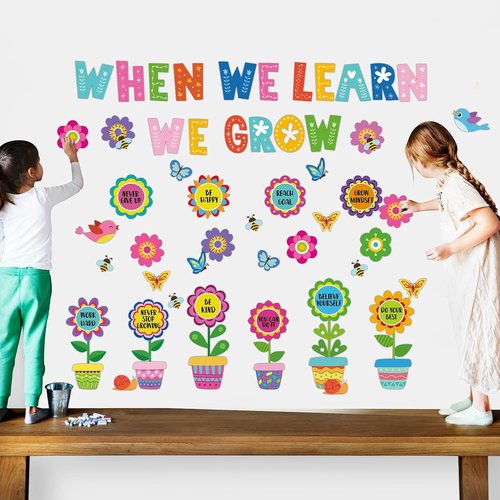 Skiennix 82-Pcs Summer Flower Growth Mindset Bulletin Board Set - Colorful Floral Cutouts for Classrooms