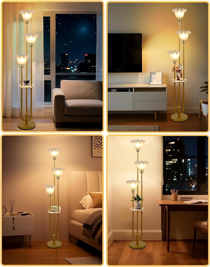 Vintage Flower Floor Lamp for Living Room, Mid Century Modern Floor Lamp Dimmable with Shelf & LED Bulbs, 3 Light 3000K Warmwhite Gold Tall Standing Lamp for Bedroom Girls Room Home Decor